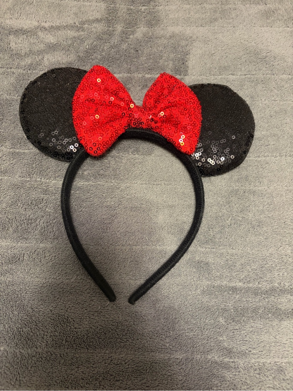 Sequin Minnie Ear Headband with Red Bow